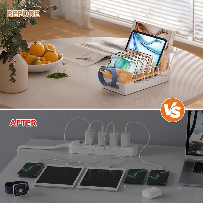 Bamboo Charging Station with Watch Stand, Docking Holder for Multi Device with 5 Charge Cables, Desktop Dock Stations Electronic Organizer for Cellphone, Tablet, Watch(No USB Charger)-Natural + White