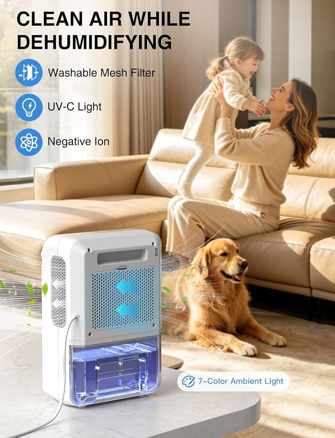 CLEVAST Dehumidifier for Home with Drain Hose, 68oz Water Tank Smart Humidity Control, Auto Shut Off, Quiet Small Dehumidifiers for Bathroom, Bedroom, Basement, RV and Camper