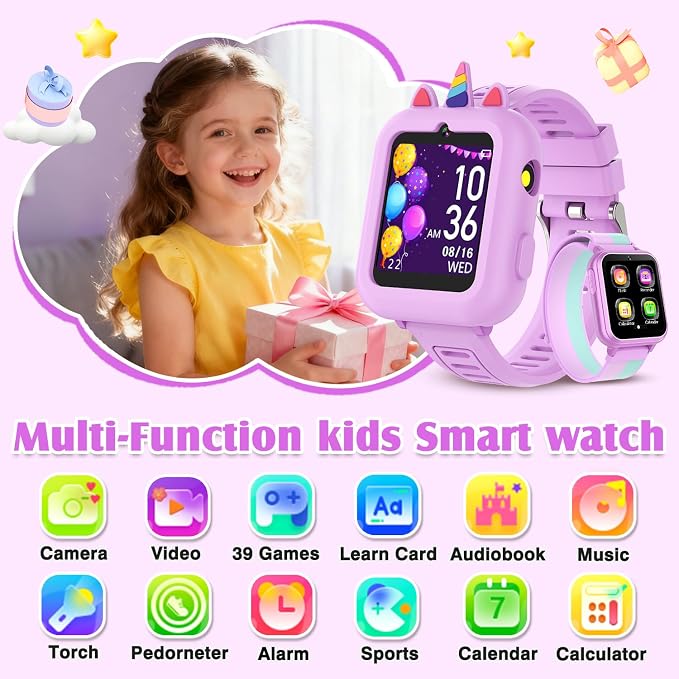 Smart Watch for Kids with 39 Games,Camera,Video,Music Player,Recorder,Alarm,Pedometer,Flashlight,Stopwatch,HD Touch Screen,Borthday Gift Toy for Girls Ages 3-12(Purple)
