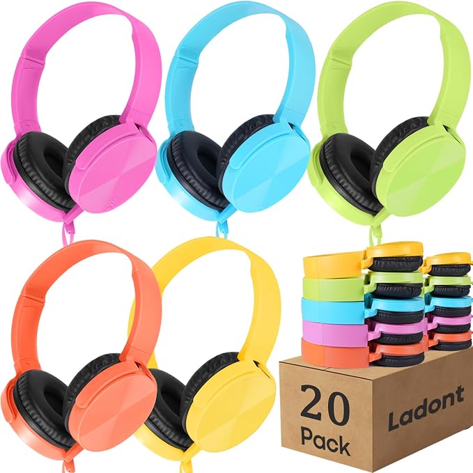 20 Pack Bulk Headphones for Classroom, Kids Wired Headphone for School Students K-12, Affordable Classroom Headphones, Multi Color On-Ear with 3.5mm Plug,Perfect for Schools/Libraries/Museums