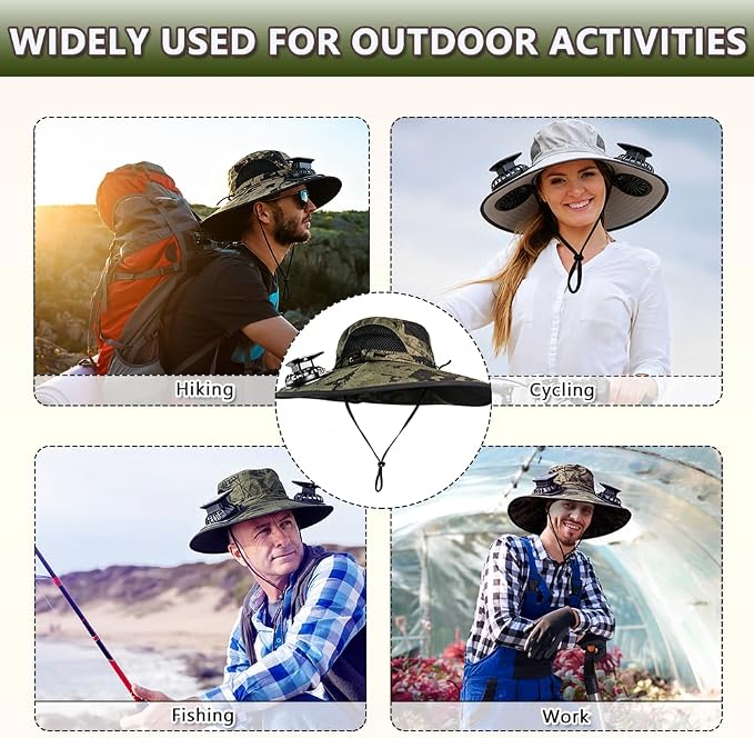 Solar Fan Hat Rechargeable 2Detachable Solar Fans,Water-Repellent Wide Brim Bucket Hat, Outdoor Camping Hiking Golf Sun Hat