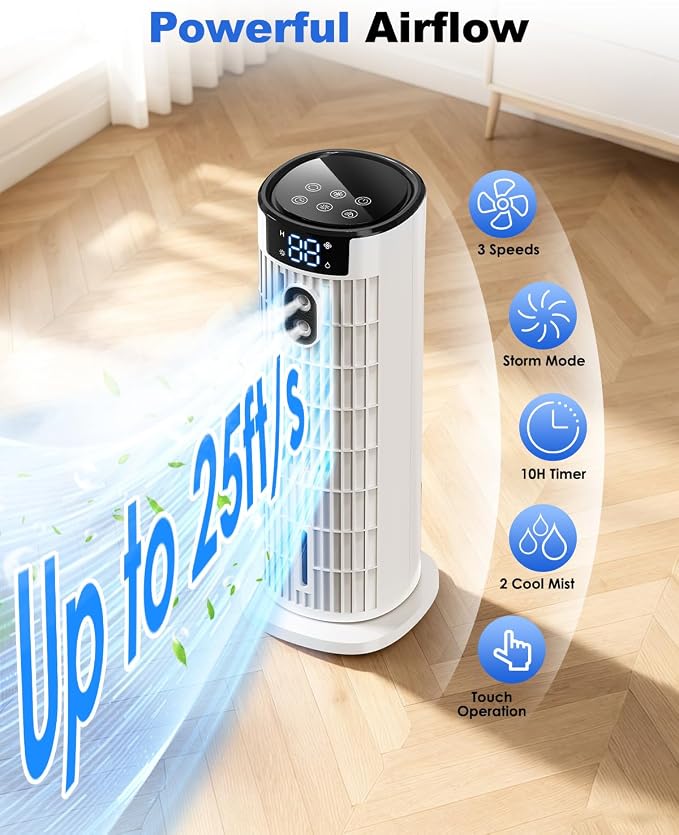 Portable Air Conditioners, 4 in 1 Evaporative Air Cooler, 1000ML Tower Fan with Remote, 3 Wind Speeds&Turbo Mode, 2 Mist,10H Timer, 90° Oscillation Portable AC for Home, Office CoamoTrail(Off White)