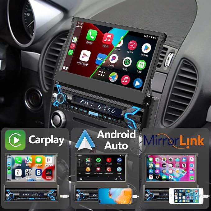 Naifay Single Din Car Stereo Compatible with Apple Carplay & Android Auto, 7inch Flip Out Touchscreen Car Radio with Bluetooth Foldable Car Audio Receivers, Mirror Link/Camera/FM/USB/AUX/TF/Subwoofer