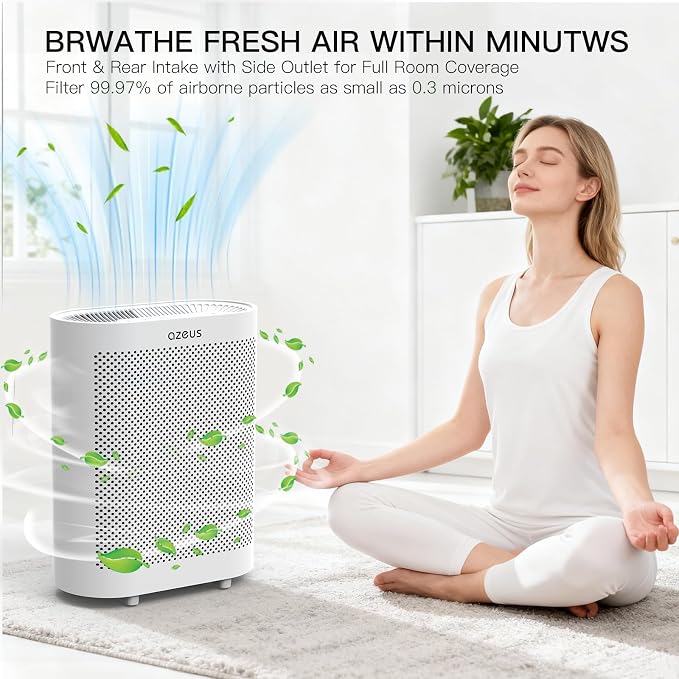 Azeus FS32 True HEPA Air Purifier for Large Rooms, White, High CADR 400m³/h, Smoke Dust Pet Dander Removal, Auto Mode with Air Quality Senso