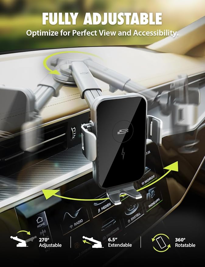 Bracketron PwrUp 15W Qi Fast Wireless Car Charger Mount – Dashboard, Windshield & Air Vent Phone Holder with Automatic Clamping, USB-C Cable, and Telescoping Arm