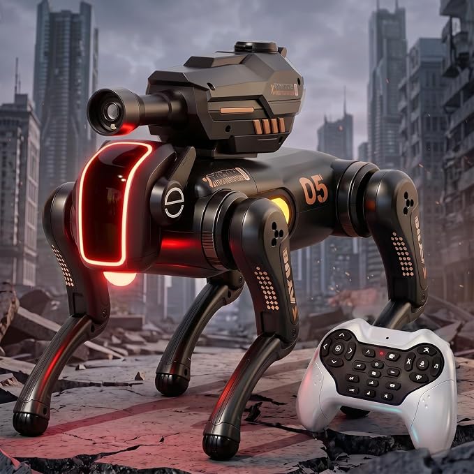 Remote Control Robot Dog Toy with Safe Soft Projectile Launcher, Upgraded Stable RC Smart Puppy with 30+ Stunts, Smart Programmable Interaction, Screen-Free STEM Gift for Kids Age 6-12(Black)