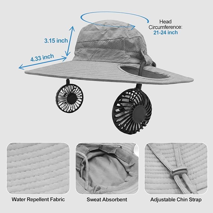 Sun Hat with Fan for Men & Women, Bucket Hat with Fan, UPF 50+ Cooling Hat with Sunblock Sleeves for Fishing,Hiking