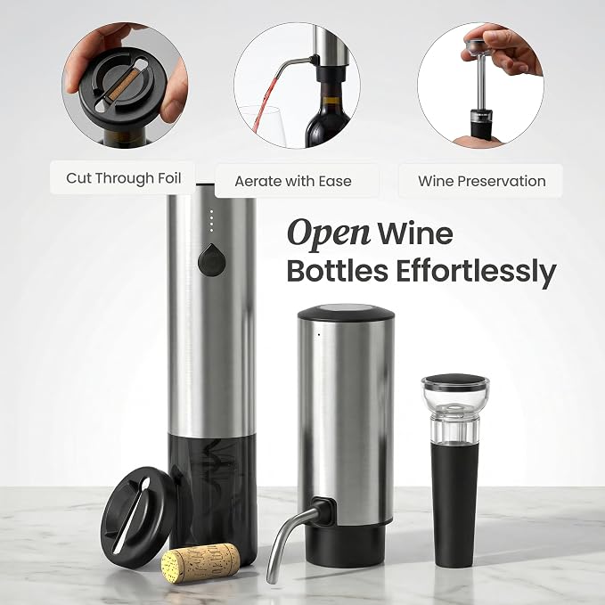 Electric Wine Opener Gift Set — Rechargeable All-in-One Wine Accessories Kit with Automatic Bottle Opener, Foil Cutter, Vacuum Stopper, Aerator & Dispenser — Best Wine Lover Gifts for Women & Men