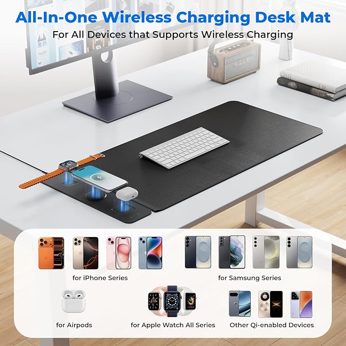 25W Fast Wireless Charging Desk Mat, 2nd Gen 3 in 1 Wireless Charger Mouse Pad, Waterproof Ultra Smooth Non-Slip Gaming Desk Pad, XXL Large 35.43"x15.75" Office Desk Mat