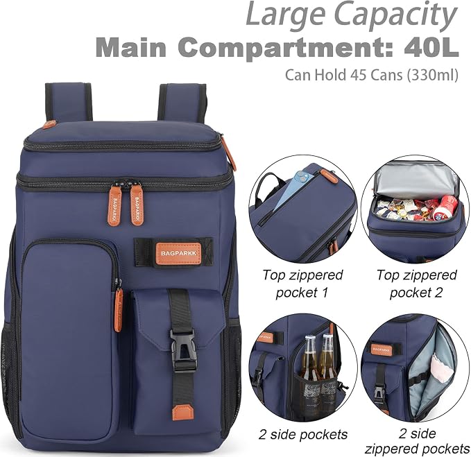BAGPARKK Insulated Cooler Backpack,33/45 Cans Multifunctional Double Deck Leakproof Cooler Bag with Sternum Strap,Large Capacity Lightweight Travel Camping Beach Backpack