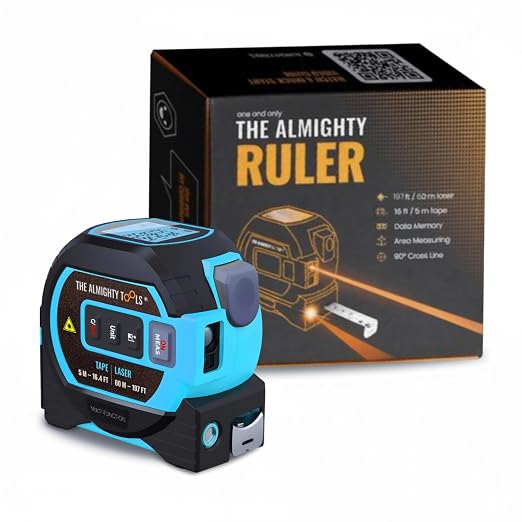 The Almighty Ruler Laser Tape Measure | Laser Distance Measurer, Heavy-Duty Tool with Cross Marking Feature, Smart Range Finder, Easy-Read Display, Ft & Metric Measurement | 196 ft | 65 yd | 60 m