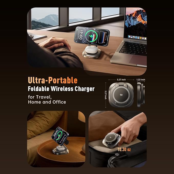 3-in-1 Foldable Qi2.2 25W Magnetic Wireless Charger Stand for iPhone Grey | 360° Rotatable Charging Station for Airpods & Apple Phone Watch Earbuds for Travel Desk Home (No Adapter)