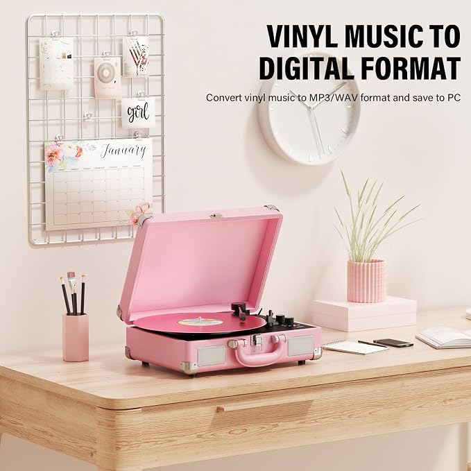 Vinyl Record Player 3-Speed Bluetooth Suitcase Portable Belt-Driven Record Player with Built-in Speakers RCA Line Out AUX in Headphone Jack Vintage Turntable,Pink