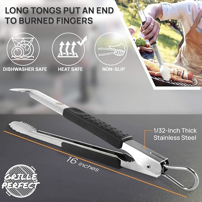 Digital Meat Thermometer and Heavy Duty Tongs BBQ Tools for Grilling Smoking Outdoor Cooking Instant Read Accurate Temperature Probe Long Metal Flipper with 3 Side Silicone Handle