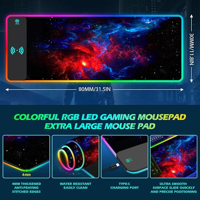 ToLuLu RGB Wireless Charging Gaming Mouse Pad, 7.5/10/15W 10 Light Modes LED Mouse Pad Computer Keyboard Mat Mousepad, 800x300x4MM Extended Large Desk Pad Desk Mat for Gamer, Red Blue Galaxy