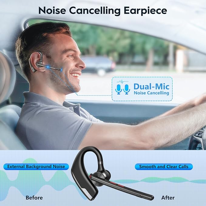 New Bee Bluetooth Headset, Wireless Bluetooth Earpiece for Cellphone with 500mah Charging Case 80h Playtime V5.2 Dual Mic Noise Cancelling Hands-Free Earphones for Office Driver