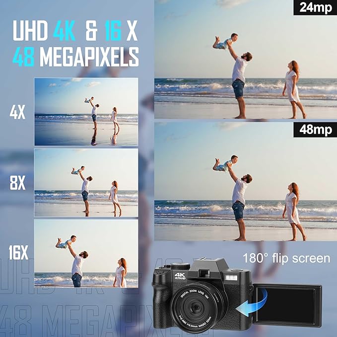 4K Digital Cameras for Photography 48MP Video Vlogging Camera for YouTube with 3" 180° Flip Screen WiFi, 16X Digital Zoom Cameras with 32GB TF Card Wide-Angle & Macro Lens (Light Black)
