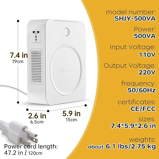 SUNSHUN 500W 110v to 220v Converter Step Up Voltage Transformer 110v/120V to 220V/240V with 2 Output Sockets for Europe Asia Appliances Used in US 500 Watts White