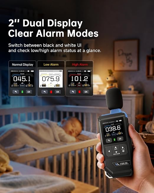 FNIRSI FDM-02 Decibel Meter, 30–130dB Sound Level Meter with 2" IPS Screen, A/C Weighting & Fast/Slow Response, Rechargeable for Home, Audio & Workplace Noise