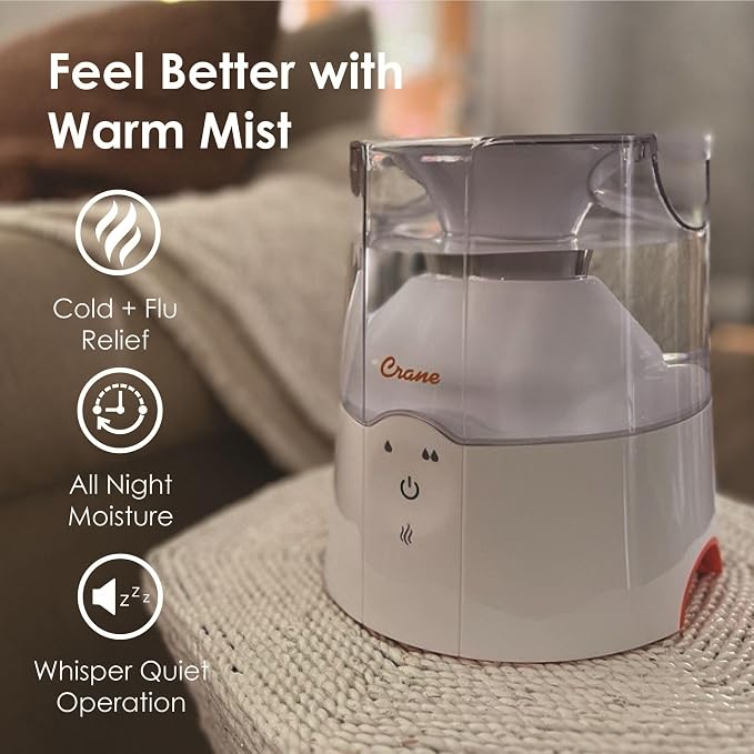 Crane Warm Mist Humidifier, Warm Mist Humidifiers For Bedroom, 1.9L Tank, Vaporizer For Congestion, Steam Humidifier, Humidifiers For Bedroom Warm Mist, Bedside Humidifier, Vapor Pad Included