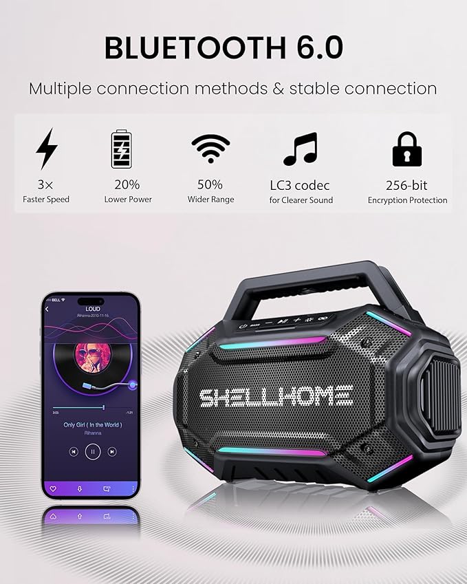 ShellHome Bluetooth Outdoor Speakers, 80W(Peak) Loud Wireless Speaker, 30H Playtime, RGB Lights, BassUp 2.0, IPX6 Waterproof, TWS, Bluetooth 6.0, Portable Boombox for Party, Pool, Beach (Teal)