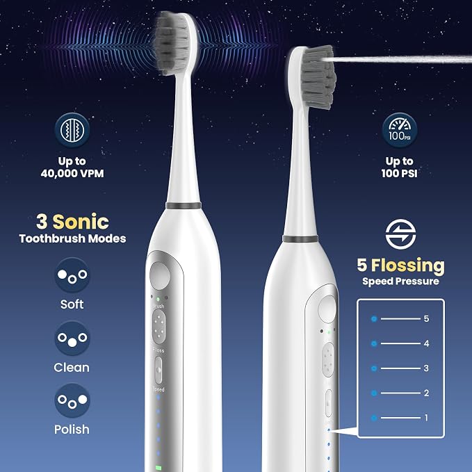 Electric Toothbrush with Water Flosser Combo, 3-in-1 Sonic Flossing Electric Toothbrush for Travel & Home, 330ml Easy-Clean Cup, 5 Speeds & 3 Modes for Braces, IPX7, 30-Day Battery, White
