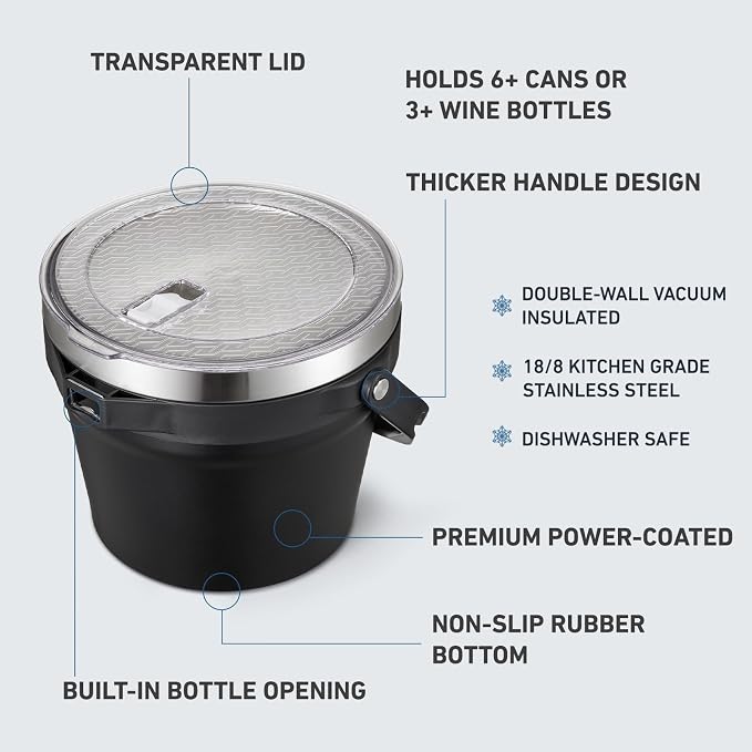 COKTIK 7L Insulated Ice Bucket with Lid，Double Wall Vacuum Stainless Steel Beverage Bucket Keeps Frozen Longer，Holds 6 Longnecks or 3 Bottles of Wine，for Cocktail, Champagne(No Accessories, Black)