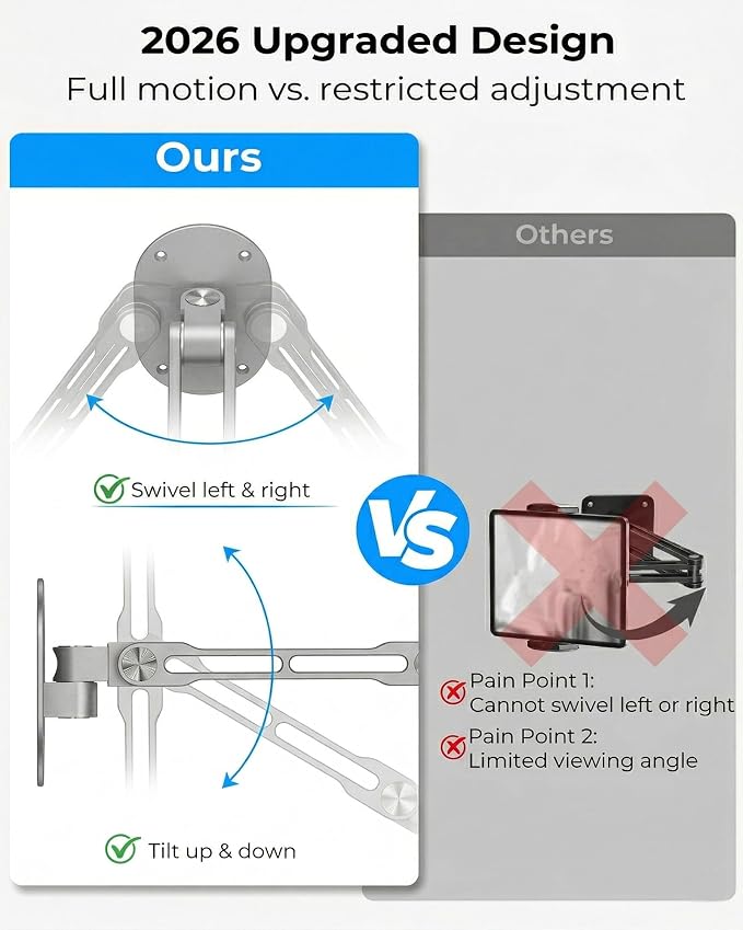 iPad Wall Mount Holder, Heavy Duty Aluminum Tablet Wall Mount, Full Motion Tilt & Swivel Base, Adjustable Foldable for Kitchen, Gym, Fits iPad Pro Air Mini, Galaxy Tab, 4.7-13" Phones & Tablets Silver