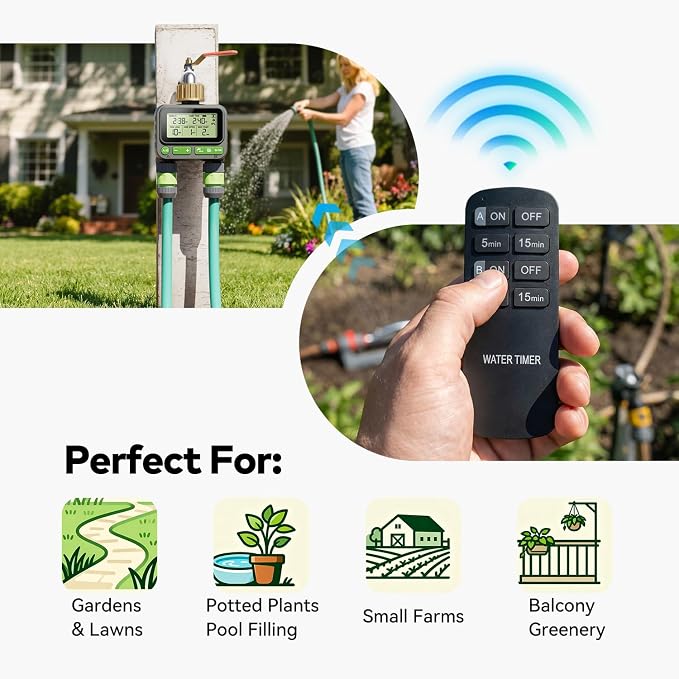 Remote Control Sprinkler Timer for Outdoor Hose Faucet 2 Zone, Smart Water Timer for Garden Hose, Sprinkler Controller with Rain Delay/Manual Watering/Automatic Irrigation for Yard Lawn (Brass Inlet)
