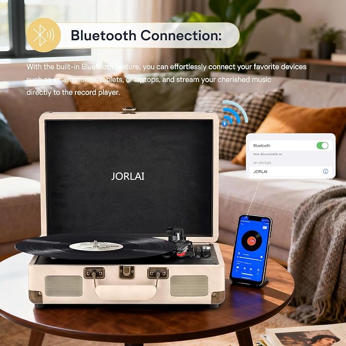 Portable Bluetooth Record Player with USB Playback Rechargeable Battery and Built in Speakers 3 Speed Turntable in Retro Suitcase Design for Home Bedroom or Outdoor Use