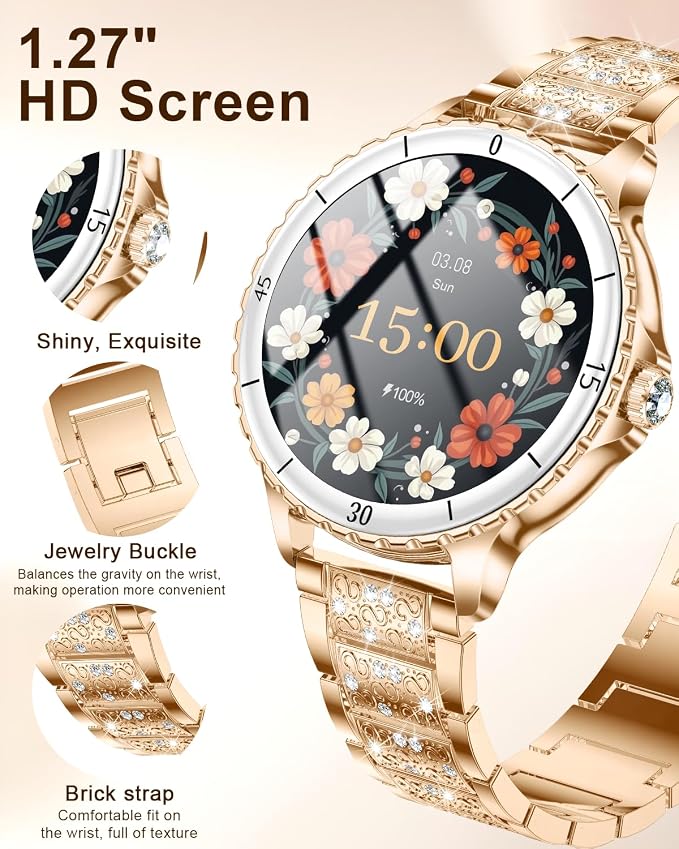 Smart Watches for Women, 1.27" HD Smartwatch with Diamond Strap Compatible Android/iOS, Answer/Make Call, IP68 Waterproof Fitness Tracker with SpO2, Sleep Monitor, 120+ Sport Models, Rosegold
