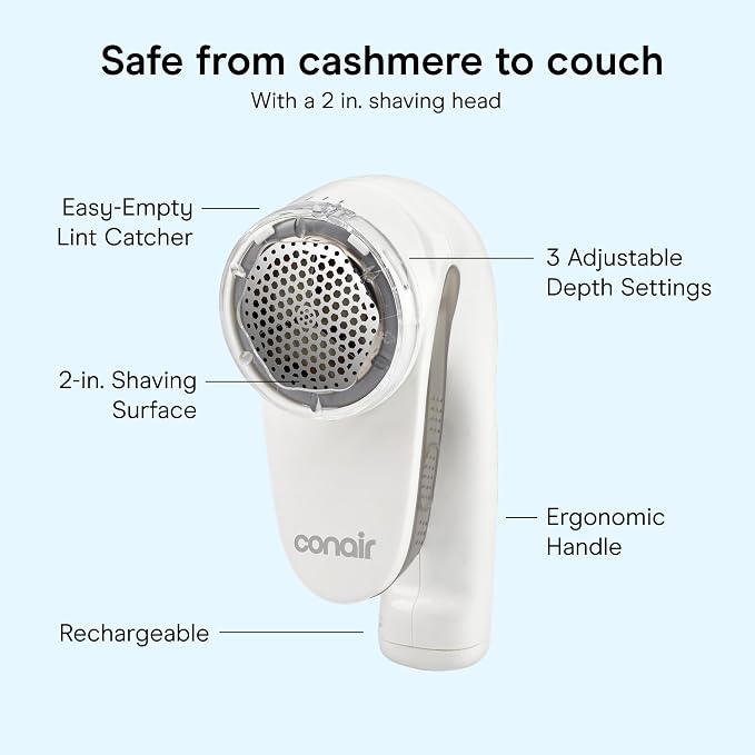 Conair Fabric Shaver and Lint Remover, Rechargeable Portable Clothes Shaver with 3 Settings, Fuzz Remover for Sweaters, Clothing, and Furniture, Large 2-Inch Shaving Head, White
