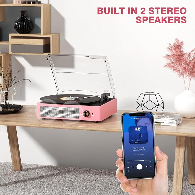 Vinyl Record Player with 2 Stereo Speakers Belt-Driven Vintage Turntables 3 Speed 3 Size Wireless Bluetooth Playback AUX-in RCA Out Headphone LP Vinyl Players Auto Stop Dusty Rose