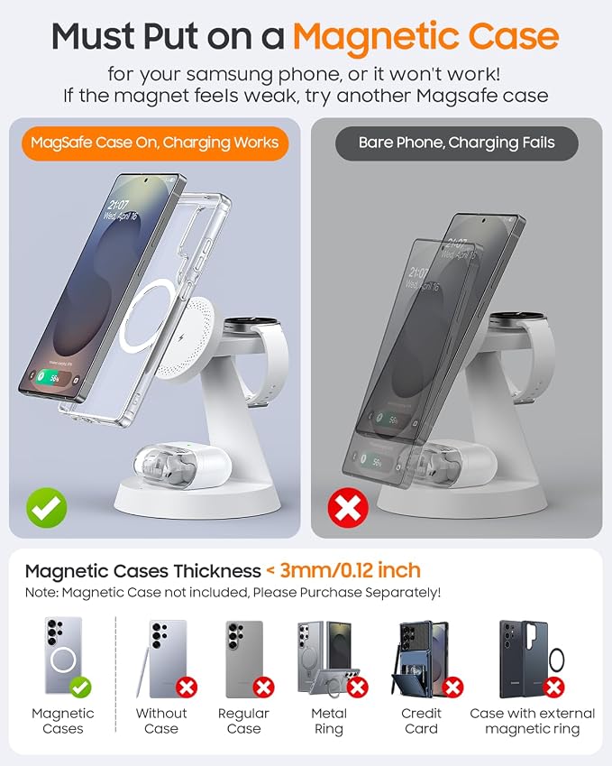 Meifigno Magnetic Wireless Charger for Samsung, 3 in 1 Charging Station Compatible with MagSafe Samsung Charger for Galaxy S26 Ultra S25 Z Fold7/Flip7, Charger Stand for Galaxy Watch Ultra 8 7, White
