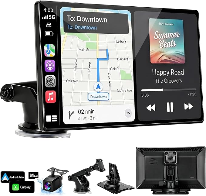 9" Wireless Apple Carplay Screen for Car, Portable Apple Carplay & Android Auto Touch Screen with 4K Dash Cam, 1080P Backup Camera DVR, Mirror Link, GPS Navigation, Voice Control, Bluetooth, FM