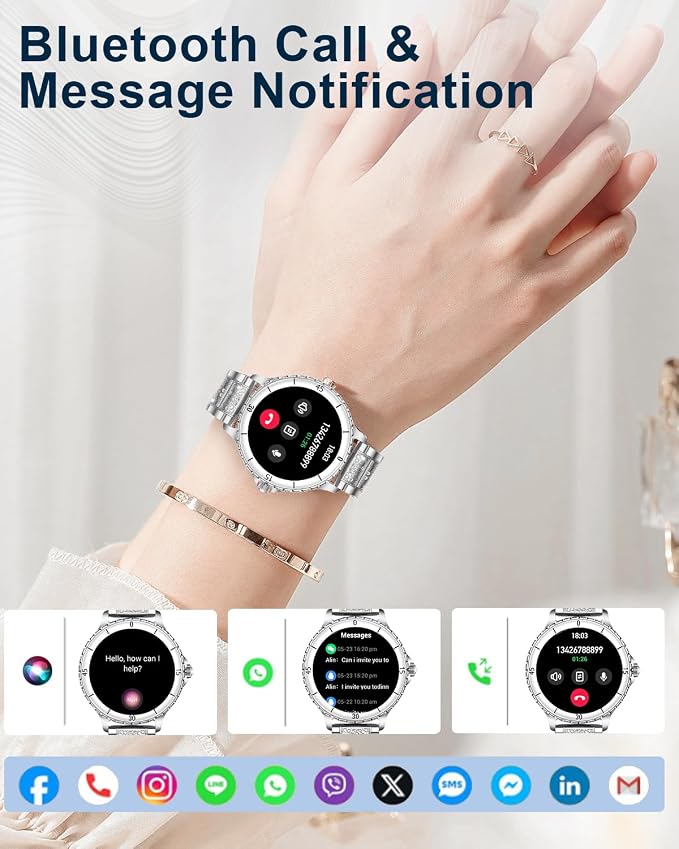 Smart Watches for Women, 1.27" HD Smartwatch with Diamond Strap Compatible Android/iOS, Answer/Make Call, IP68 Waterproof Fitness Tracker with Heart Rate, Sleep Monitor, 120+ Sports, Silver