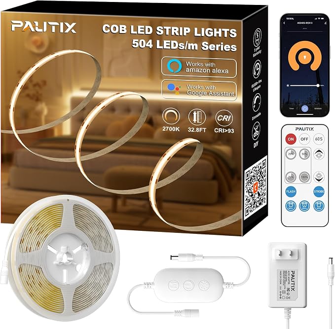 PAUTIX COB LED Strip Light Warm White 2700K 504LEDs/m,CRI90+ 32.8ft/10m Dimmable 24V LED Tape Lights Kit,Work with Alexa/Google Assistant,for Under Cabinet Bedroom Kitchen DIY Lighting