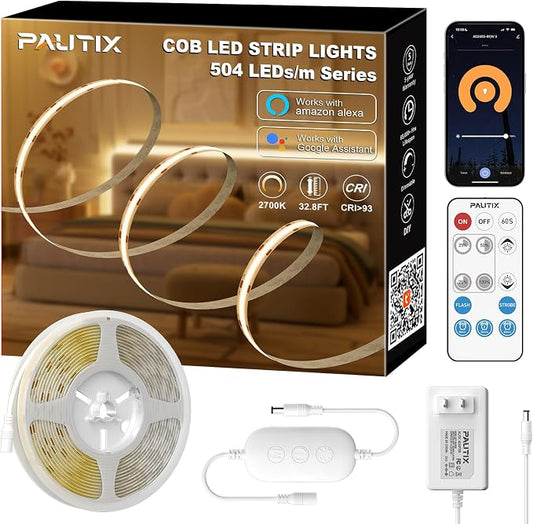 PAUTIX COB LED Strip Light Warm White 2700K 504LEDs/m,CRI90+ 32.8ft/10m Dimmable 24V LED Tape Lights Kit,Work with Alexa/Google Assistant,for Under Cabinet Bedroom Kitchen DIY Lighting
