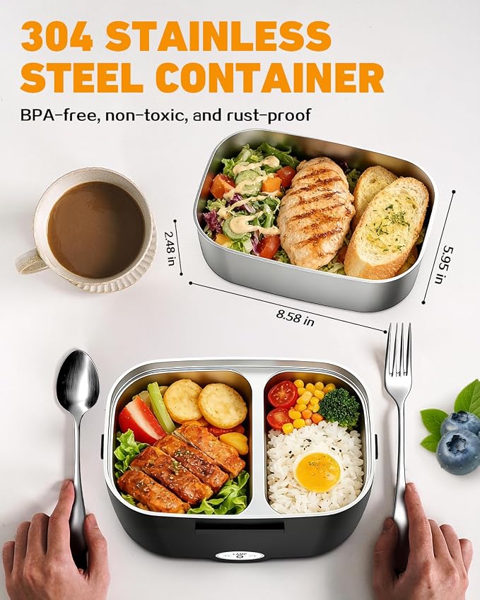 80W Electric Lunch Box Food Warmer for Car/Truck/Office, 110V/24V/12V Portable Heated Lunch Box for Adults, Dual 1.5L Stainless Steel Containers, Leak-Proof & Fast Heating, 3-in-1 Design