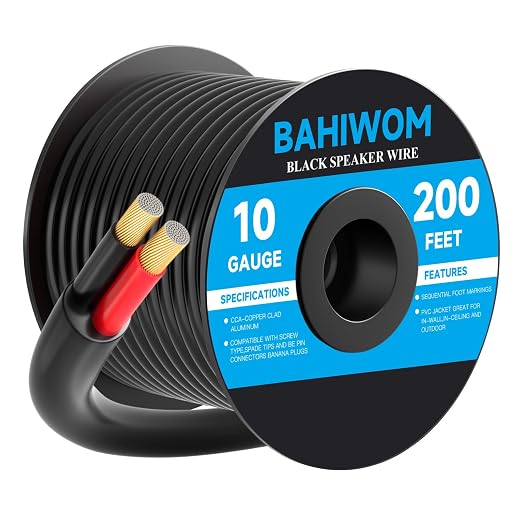10 Gauge Speaker Wire 200 Feet CL3 Related CCA Black Cable with 2 Conductors for Outdoor Direct Burial Backyard Garden Home Car in-Wall Speaker