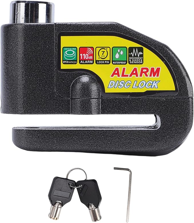 Asixxsix Alarm Disc Brake Lock, Anti Theft Security Wheel Lock with 110dB Alarm & 2 Keys, IP65 Water Proof, 5ft Reminder Cable, for Motorbikes Bikes Scooters