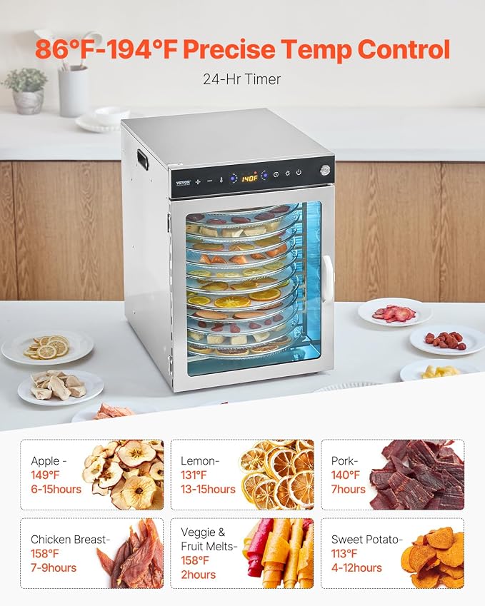VEVOR Food Dehydrator Machine, Rotary 12 Stainless Steel Trays, 800W Electric Food Dryer with Adjustable Temp & 24-Hour Timer, Food-Dehydrator for Jerky, Meat, Fruit, Vegetables, Herbs, Dog Treats
