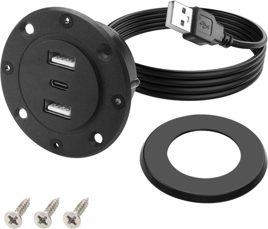 MEIRIYFA 3-in-1 Desktop Power Embedded Charger USB/Type C Desktop Station Mounts Charging Dual USB Multifunctional Desk USB Hub with 6.56 FT Power Cord for Bedside Table, Desks, Furniture