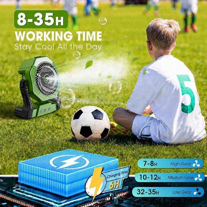 Ausic Portable Misting Camping Fans, [Max 35H Runtime] Outdoor Cooling Fan for Patios, 8 Inch Battery Operated Rechargeable Fans, Water Spray Fan with LED Light, Travel Beach Camp Essential