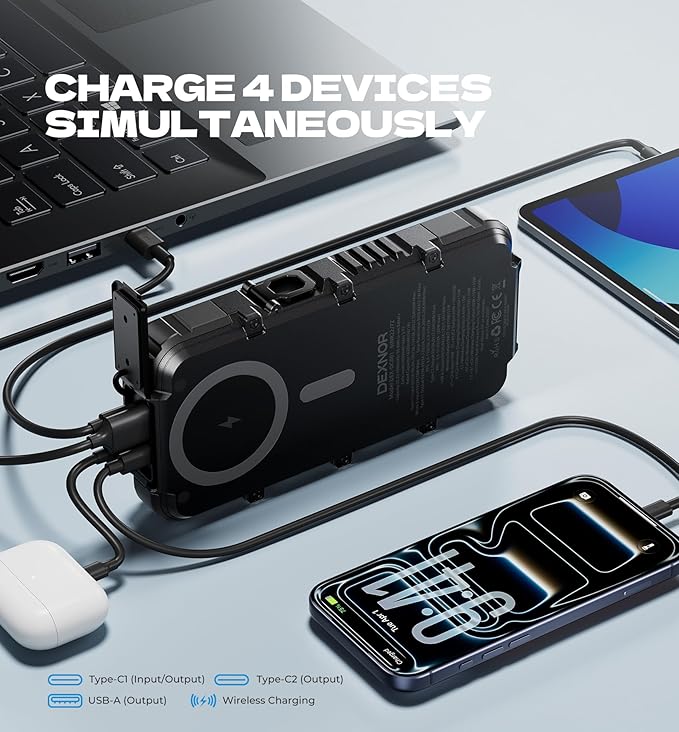 Dexnor 27,000mAh Solar Power Bank Portable Charger, Fast Charging External Battery Pack with LED Flashlight, 3 Ports & Wireless Charging for Phone, Tablets, Laptops for Camping, Travel & Emergency