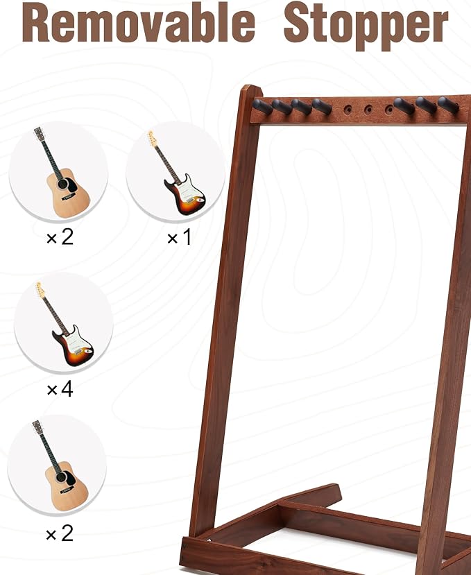 Multi Guitar Stand, Black Walnut Wood Multiple Guitar Stand for 2 Acoustic, 3 Electric or 3 Bass, Hardwood Instrument Rack for Men, Wooden Floor Acoustic Rack for Home Decor, Studio Display