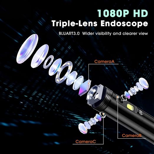 Triple Lens Endoscope Camera with Light- 5" 1080P HD Handheld Borescope with 50FT Semi-Rigid Cable, Waterproof Sewer Inspection Camera with 32GB Card, Drain Plumbing Camera & Gifts for Men