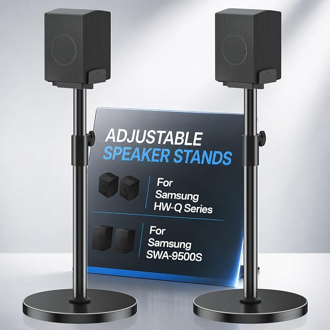 Adjustable Speaker Stand Pair for Samsung Rear Speaker Stand-Q990F/Q930F/Q990H/Q990D/Q990C/SWA-9500S/SWA-W200D, 5"–11" Dual Side Clamp, 29"–37.5" Height Adjust for Samsung Surround Sound WR Cable Mgmt