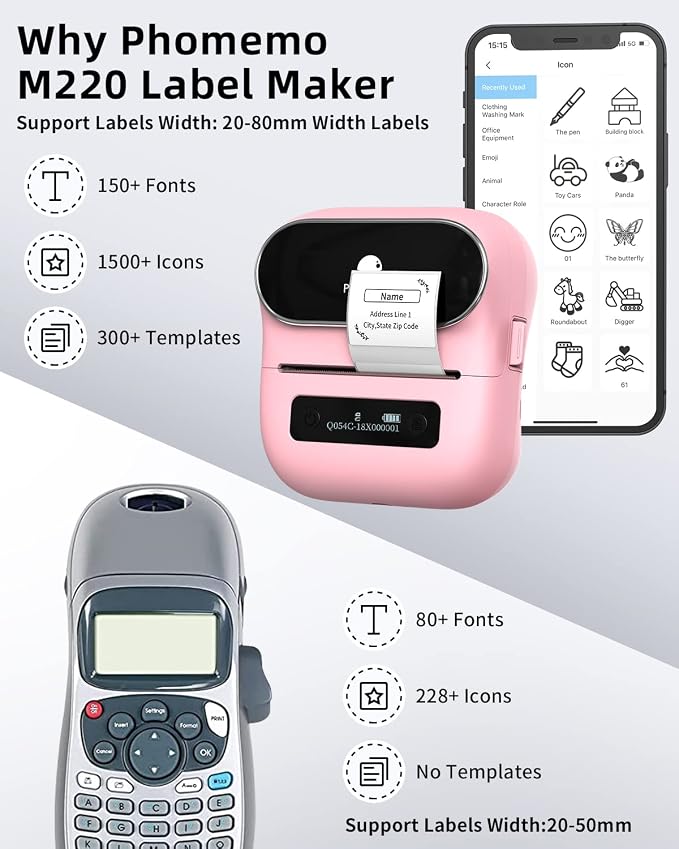 Phomemo M220 Bluetooth Label Maker - Portable Thermal Printer for Small Business Office Home - 1900+ Templates 7900+ Icons - Compatible Phone, PC