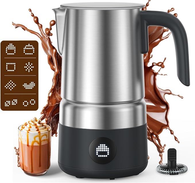 AMZCHEF 8-in-1 Electric Milk Frother and Steamer 600W, 17oz Large Split Stainless Steel Pitcher, Automatic Hot and Cold Foam Maker with LED Display, Milk Warmer for Lattes, Cappuccinos, Macchiato